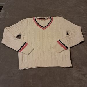 Ralph Lauren Polo Jeans Co. Vintage Sport Cable Knit V-neck Pullover SweaterXL.